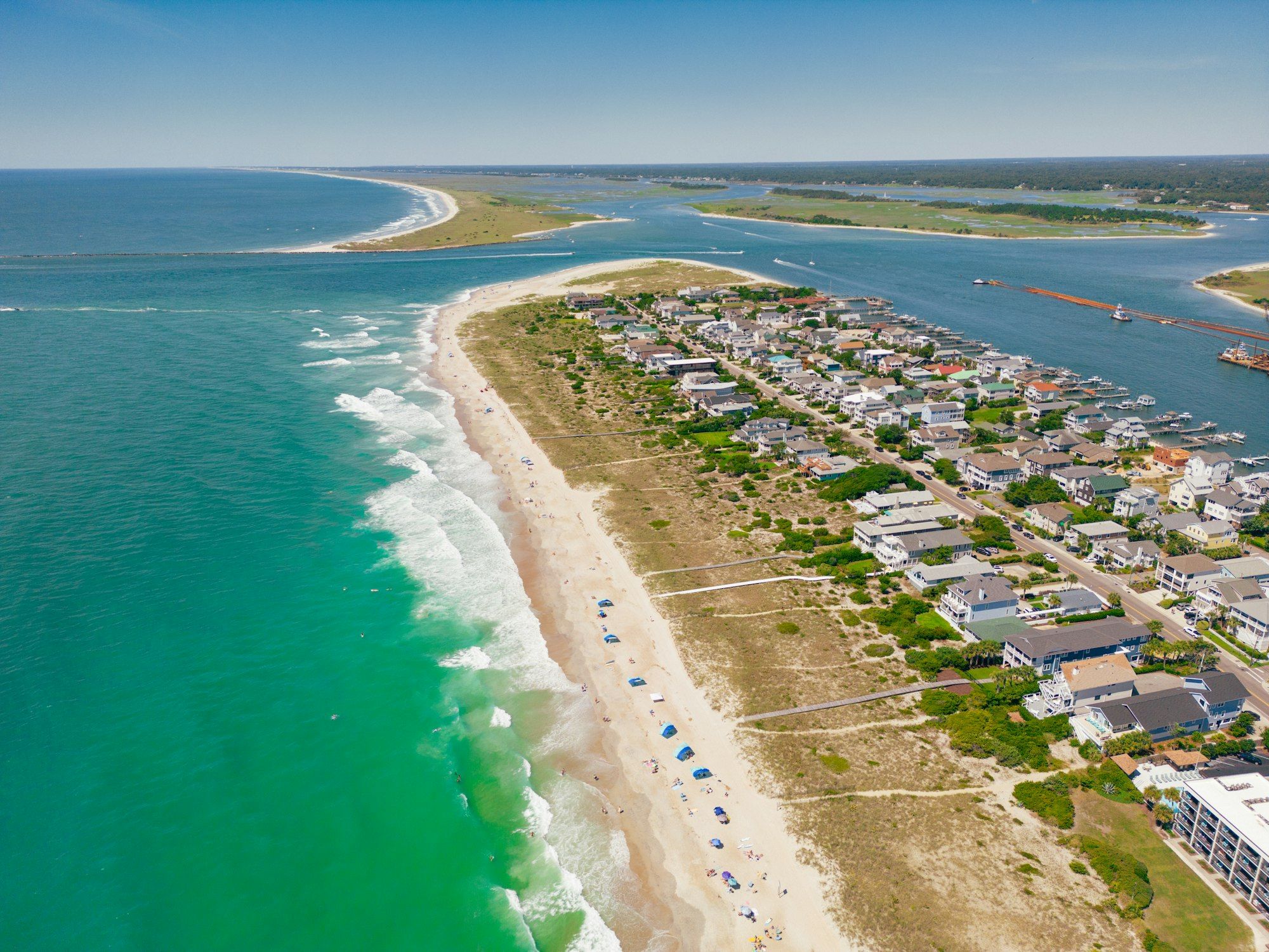 Aerial view of beach houses along the southeastern North Carolina coast